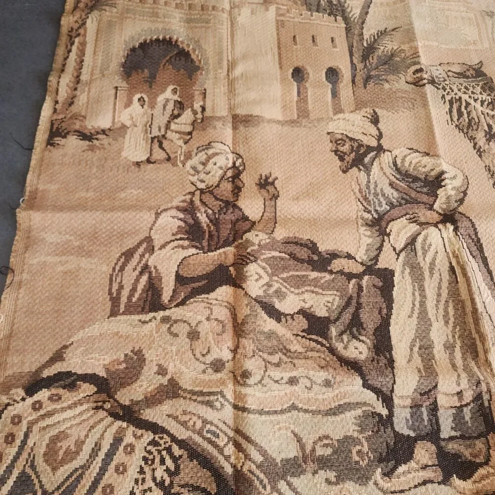 Vintage Machine Woven Jacquard Tapestry Middle Eastern Orientalist Caravan Scene